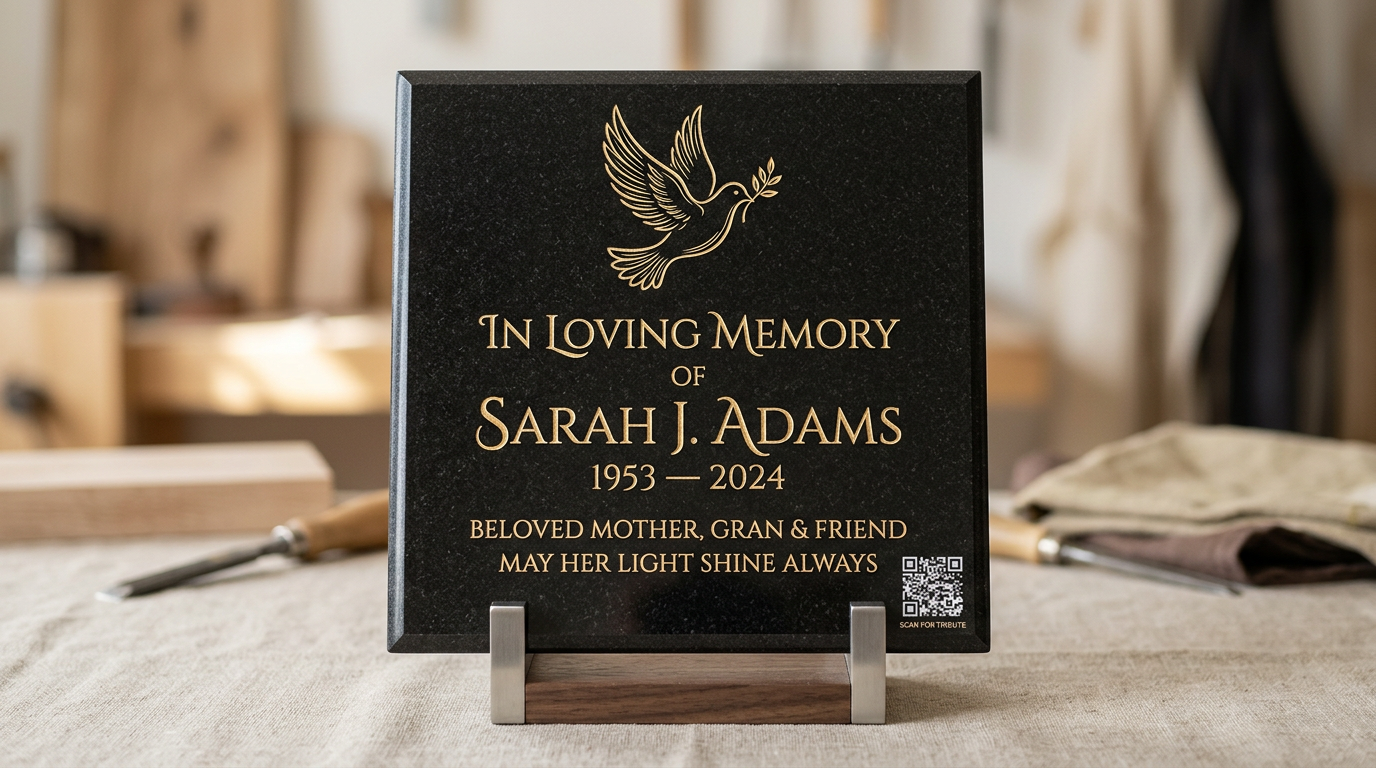 Exemple de plaque granit avec motif colombe et QR discret.