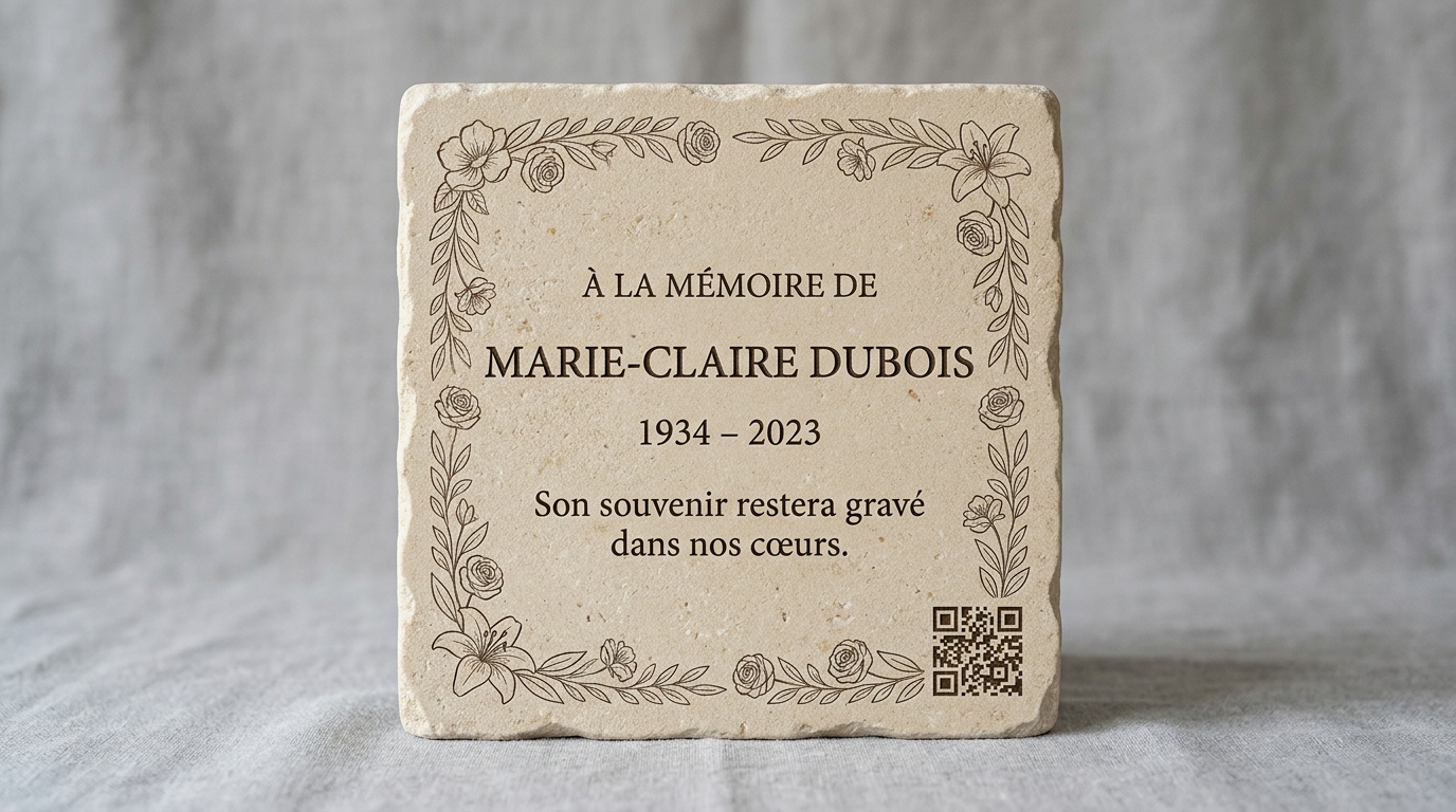 Exemple de plaque pierre naturelle bordure florale et QR.