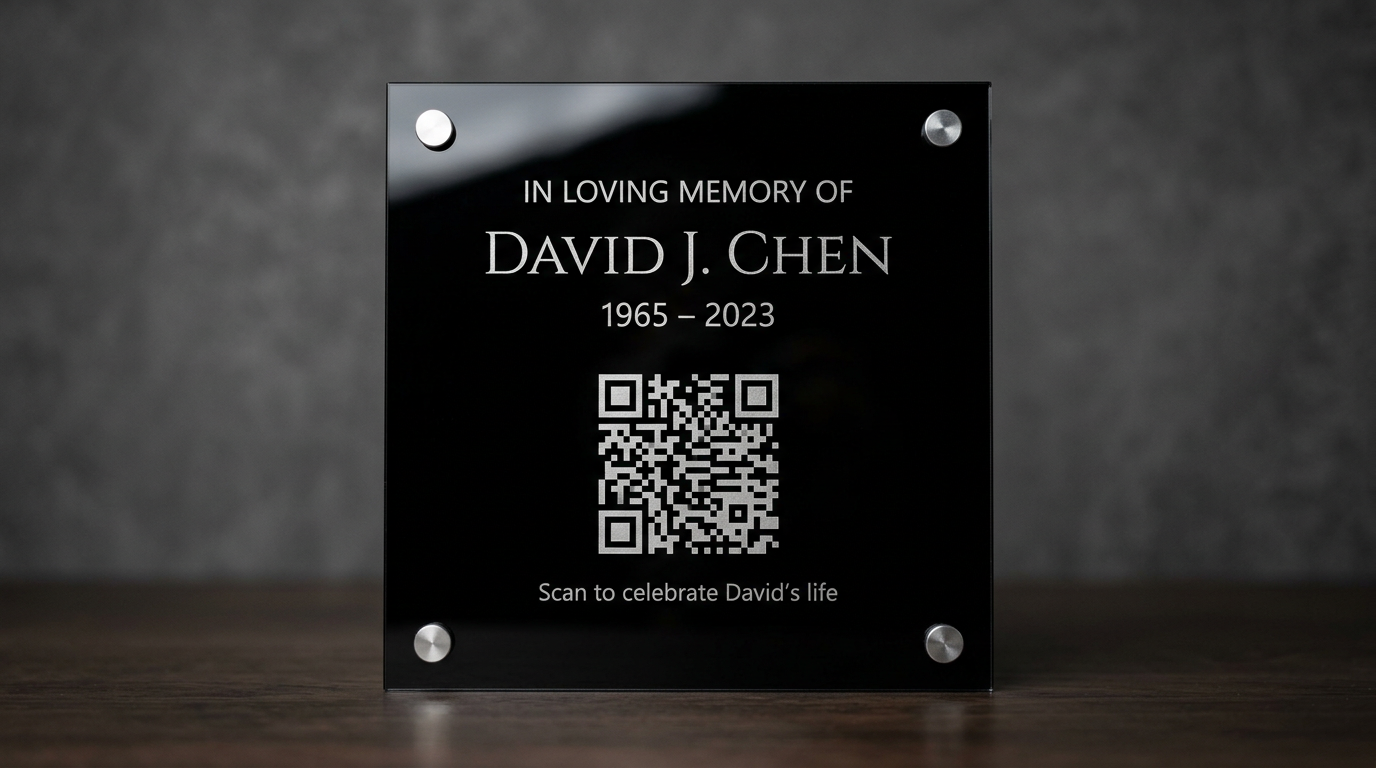 Exemple de plaque moderne plexi noir avec QR gravé.