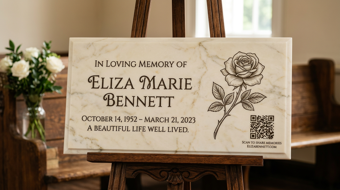 Exemple de plaque horizontale aspect marbre avec rose et QR.
